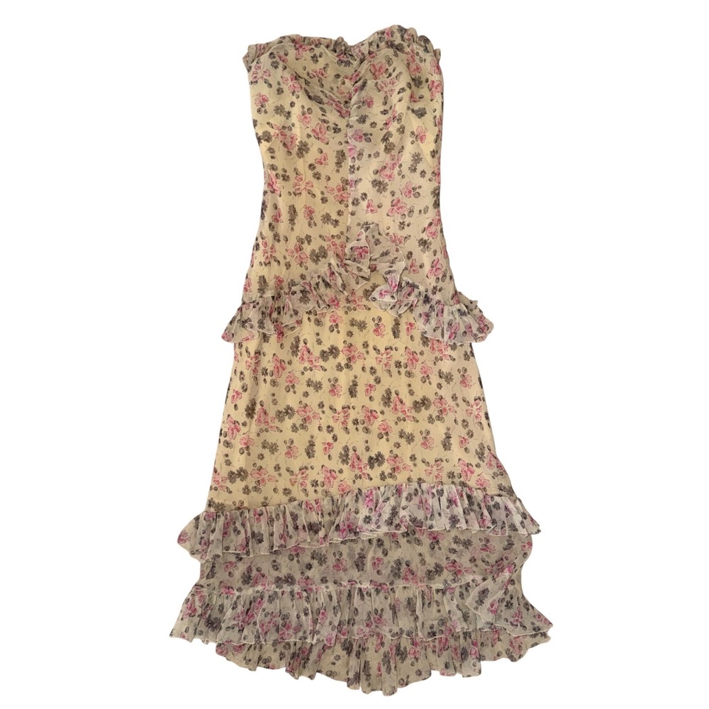 True Y2K Heart Moon Star Silk Floral Strapless Boho Ruffle Butter Yellow Dress